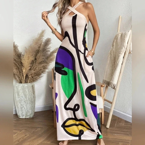 Dresses & Skirts - Women's Pattern Printed Halterneck Dress